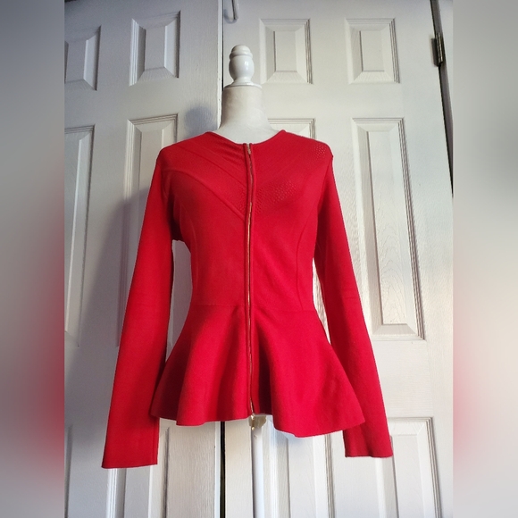 Escada Double Gold Zip Front Peplum Perforated Bodice Chevron Knit Sweater - Picture 11 of 15